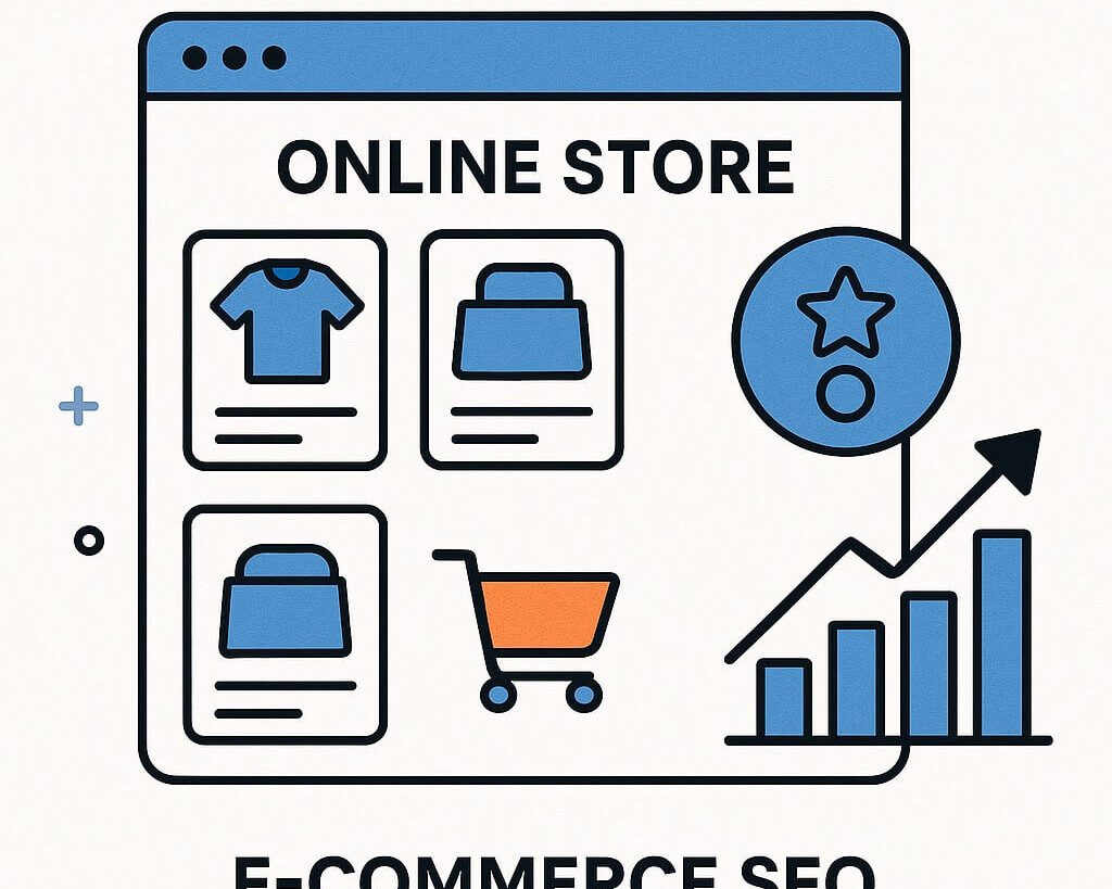 Graphic of an online shopping cart filling up, representing increased product visibility, higher organic traffic, and boosted sales through strategic e-commerce SEO optimization.