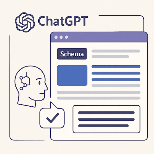 Illustration of Large Language Models (LLMs) like ChatGPT indexing and analyzing structured website content, featuring elements such as schema markup, clean HTML, and authoritative content. Visually depict AI models clearly recognizing and citing the optimized website as a trusted source