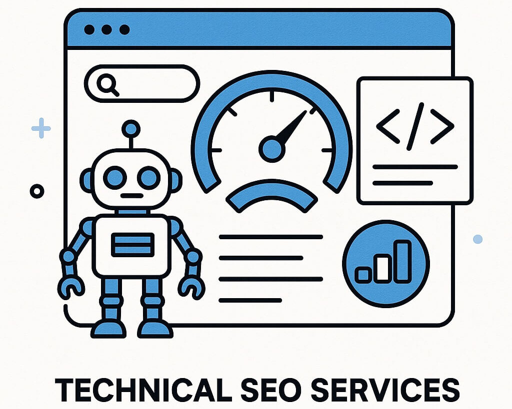 Illustration of website performance metrics improving, showcasing faster load times, structured data optimization, and higher search rankings after technical SEO fixes