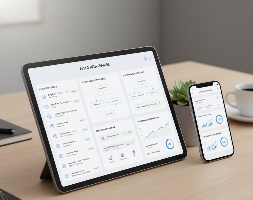 List of AI SEO deliverables including briefs, schema, and dashboards