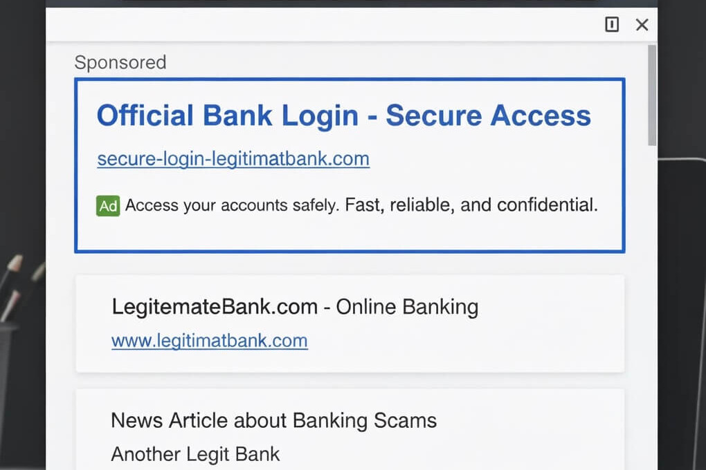 mockup of a Google result with a suspicious ad and a nearly identical fake domain