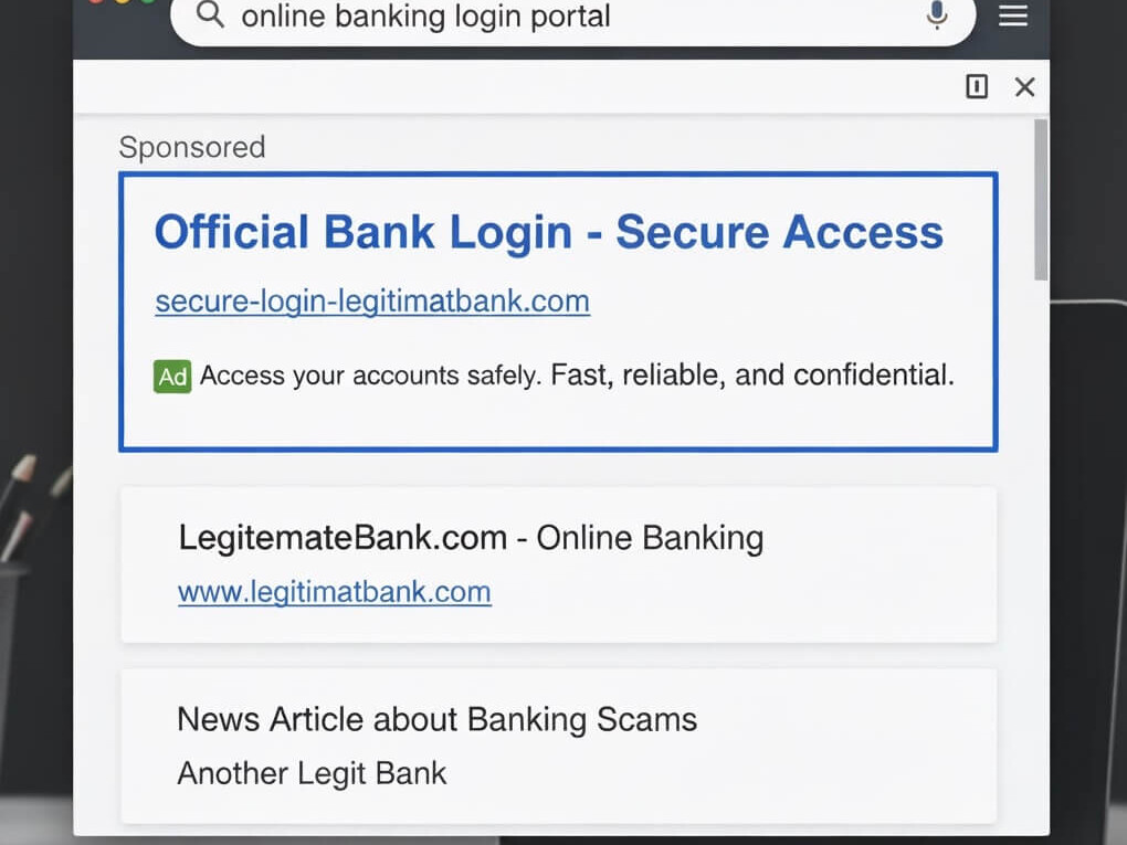 mockup of a Google result with a suspicious ad and a nearly identical fake domain